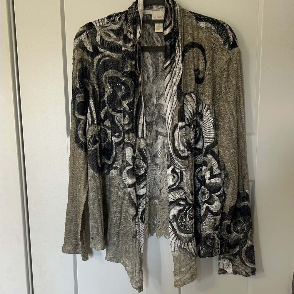 Chico's Black and Gray Floral Cardigan